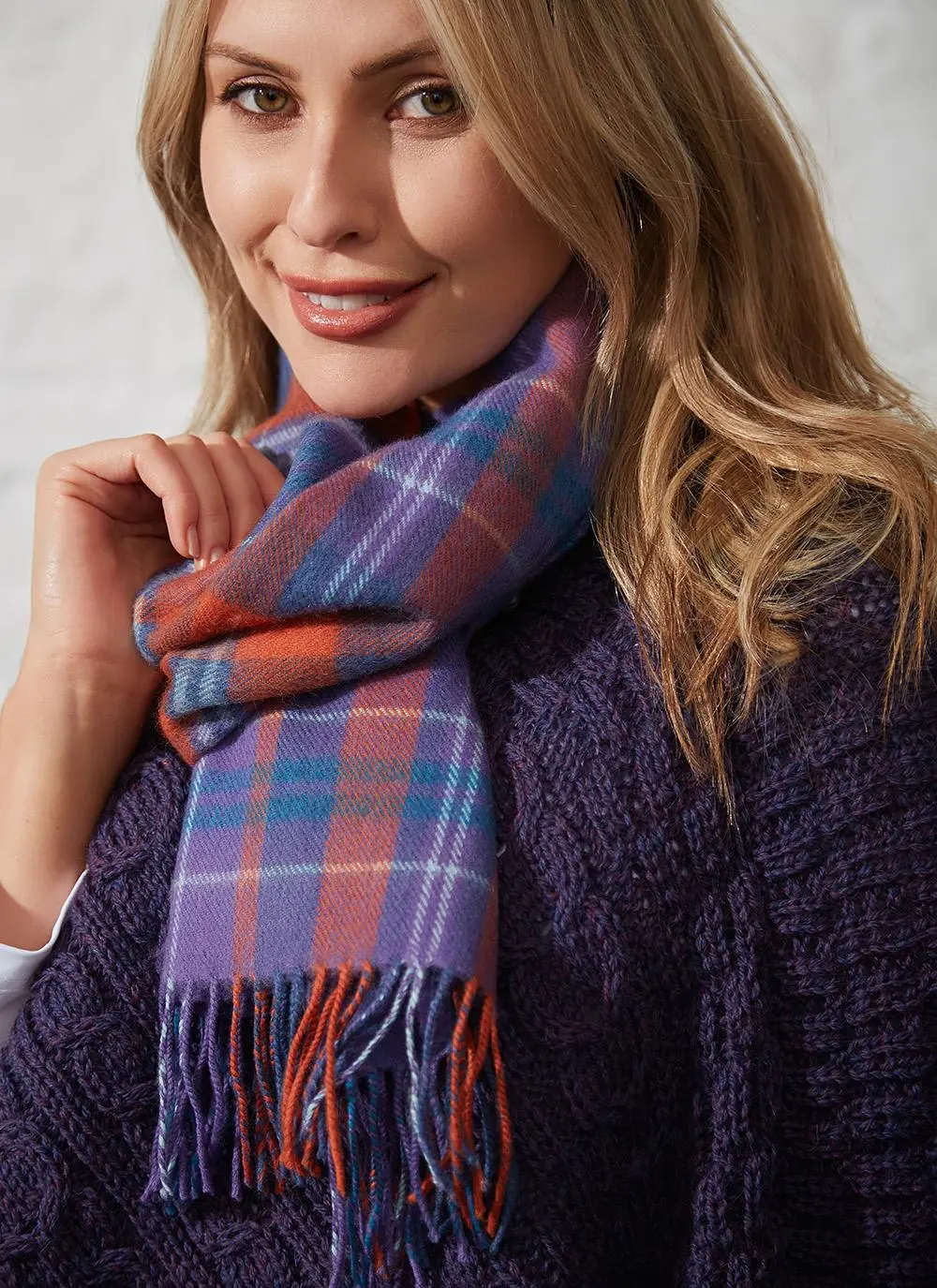 Extra Fine Merino Wool Scarf Purple & Orange Check | Blarney